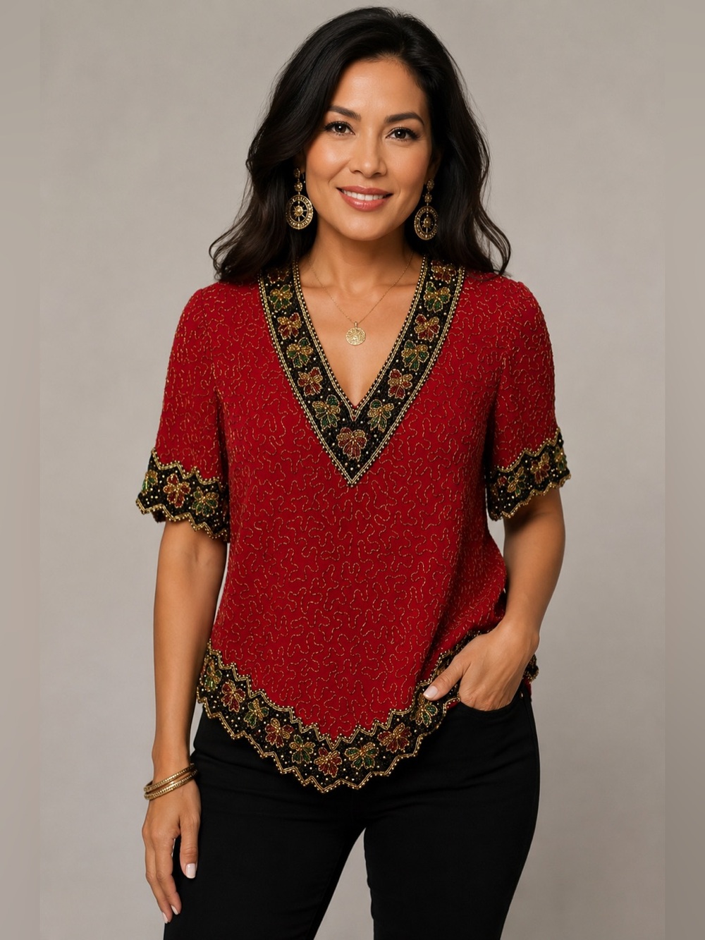 Laurence Kazar Silk Beaded Top Red V-Neck Butterfly Sequin Blouse XL